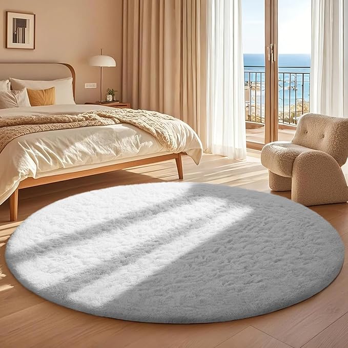Ophanie Round Rug 5Ft White Circle Area Rug, Aesthetic Room Decor, Fluffy Fuzzy Bedroom Carpet, Plush Soft Shaggy Living Room Rugs for Kids Home Decor, Nursery Over 99 pcs Pile fibers,Pack of 99