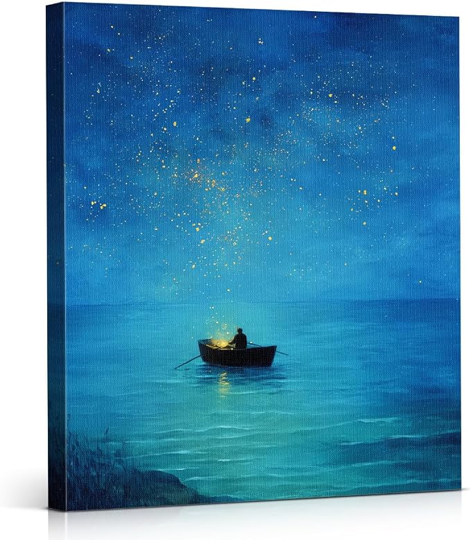 Ocean Wall Art, Blue Night Sea Boat Starry Sky Canvas Wall Decor, Aesthetic Seascape Canvas Poster Pictures, Calm Minimalist Print for Living Room Bedroom Office 8x10 Framed