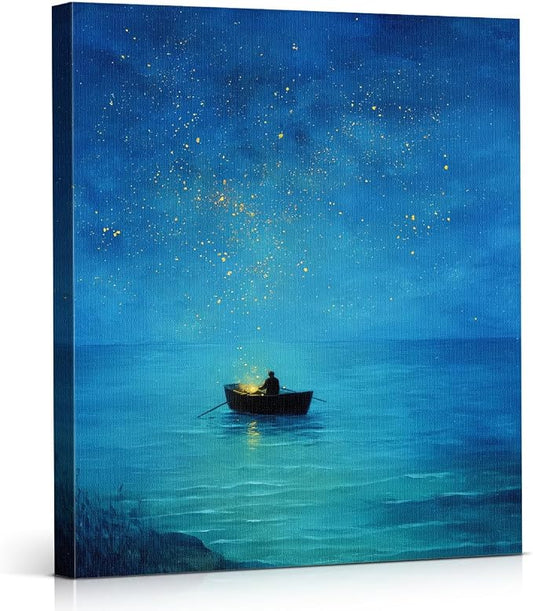 Ocean Wall Art, Blue Night Sea Boat Starry Sky Canvas Wall Decor, Aesthetic Seascape Canvas Poster Pictures, Calm Minimalist Print for Living Room Bedroom Office 8x10 Framed