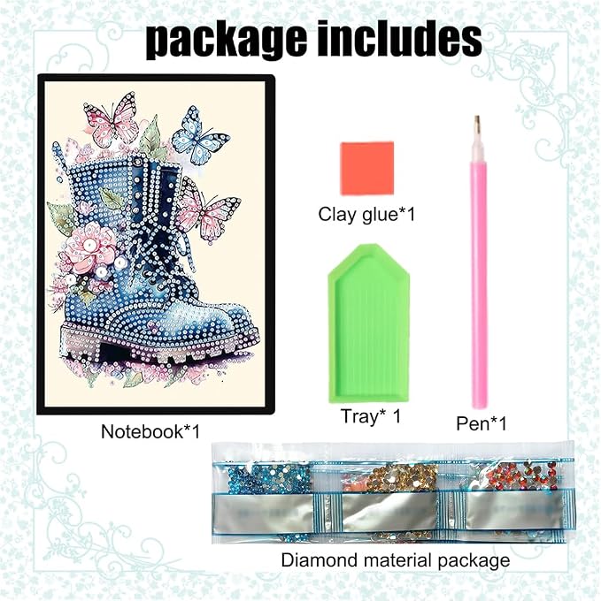 FRANDEK A5 50-Page DIY Butterfly Boots Diamond Art Painting Notebook with Beautiful Patterns, Special Shaped Diamond Art Craft for Beginners Adults Gift
