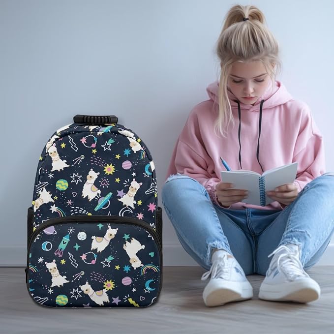ZFRXIGN Planet Alpaca Teen Girls Backpack for School with Cute Pendant 17inch Middle High School Bag and Insulated Lunch Box Portable Pencil Case Blue Bagpack Set