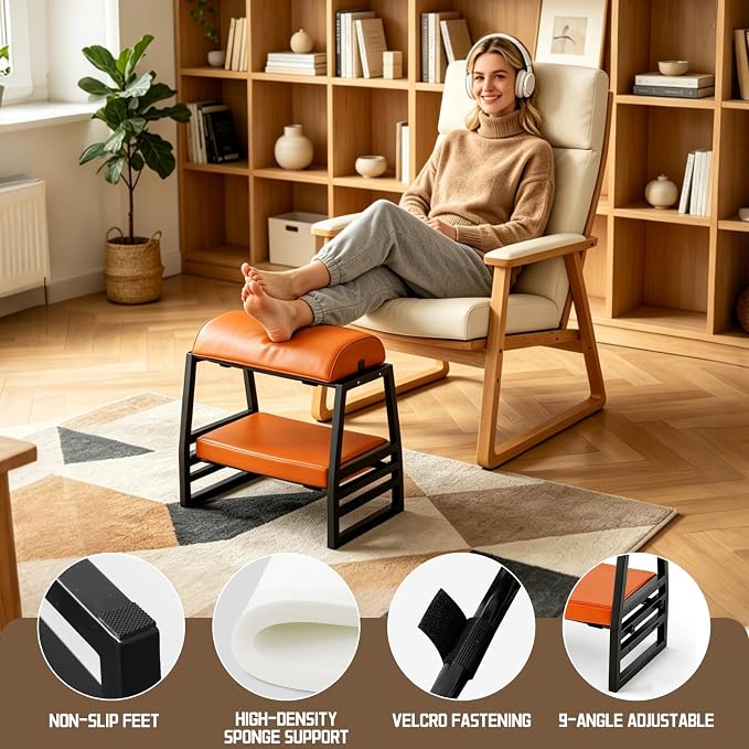 Adjustable Double Step Footrest Under Desk,9-Angle Double Step Foot Stool for Office & Home, Ergonomic Foot Support with Non-Slip Pads- Orange