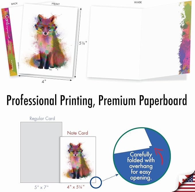Best Card Co 10 Blank Watercolor Animal Note Cards Box Set 4 x 5 Inch + Envelopes Funky Rainbow Wildlife for Animal Lovers M4948OCB-B1x10-NB