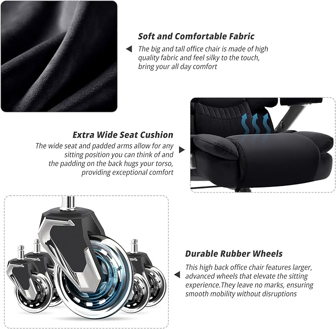 VUZI 700lbs Big and Tall Office Chair, Large Executive Wide Desk Chair | Adjustable Lumbar Support for Back Pain, Plus Size Wheels, 3D Flip Arms, Heavy Duty Metal Base, Wide Seat Computer Chair