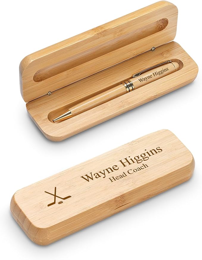 Executive Gift Shoppe | Hockey Themed Personalized Bamboo Pen and Box Set with Custom Engraving
