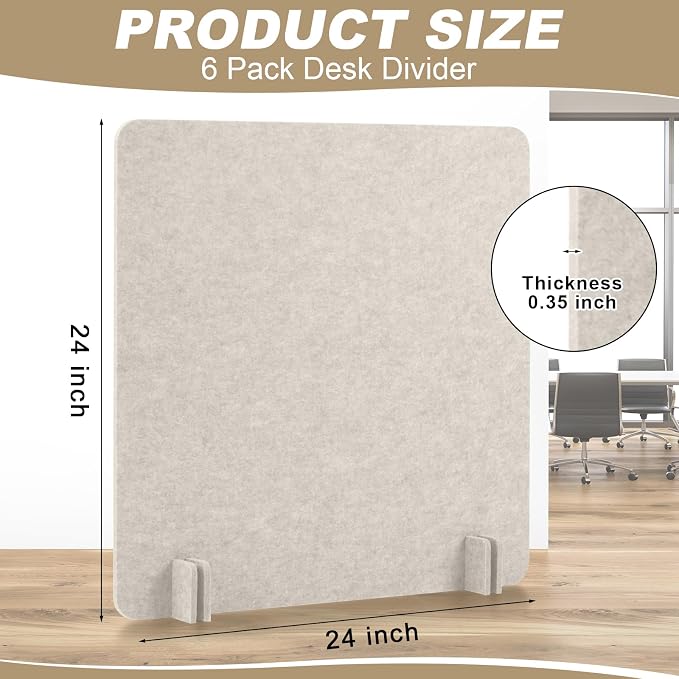 Kisston 6 Pack Acoustic Desk Divider Partition 24 x 24" Stand Up Freestanding Desk Privacy Panel Noise and Visual Distractions Reducing Table Divider for Office Class Reception Area(Light Camel)