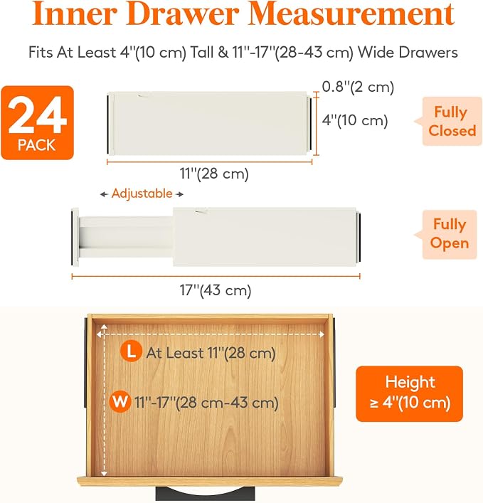 Lifewit 24 Pack Drawer Dividers 4" High 28-43.5cm/11-17" Adjustable Drawer Organizer for Clothes/Utensils, Expandable Drawer Separator in Dresser/Kitchen/Bedroom/Office Organization & Storage Beige