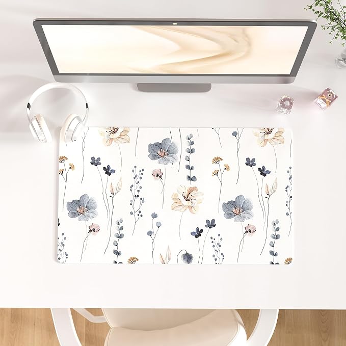 QIYI PU Leather Large Mouse Pad, Waterproof Desk Mat, 23.6" x 13.8", Sprigs | Extended Size Gaming Mousepad, Faux Leather Desk Pad, Desktop Writing Pads for School Office Home, Watercolor Floral Pattern
