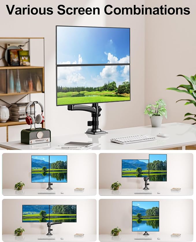 Dual Monitor Stand for Computer Screen up to 32", Taller Monitor Arms Holds 22 lbs Each, Dual Monitor Desk Mount, Height Adjustable Gas Spring VESA Mount with C-clamp Grommet Mounting, Black, Freelift
