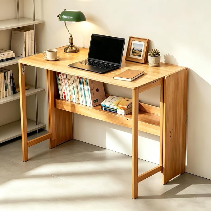 Modern Folding Desk, Small Computer Table Writing Desk Laptop Desk Vanity Table Bamboo Workstation with Bookshelf for Home Office