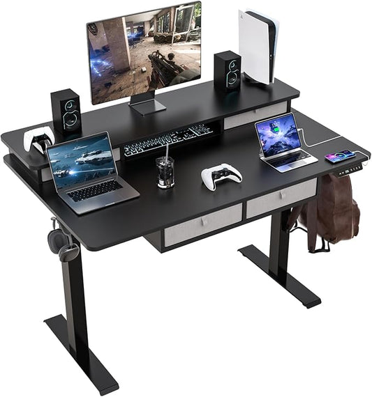 48 * 30 Inches Electric Standing Desk Adjustable Height with 4 Drawers, Double Storage Shelves Stand Up Desk, Home Office Workstation Sit Stand Desk (Classical Black)