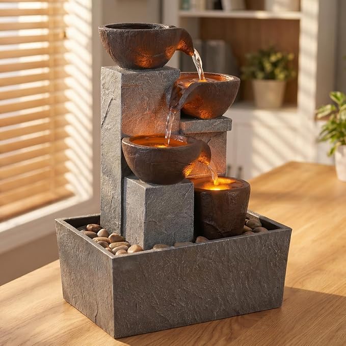 13 Inch Tabletop Water Fountain Indoor, Desktop Waterfall Fountain with LED Lights, Indoor Fountain Zen Decor for Home Office Bedroom Meditation Relaxation Desk Decor, Gift for Women and Mom