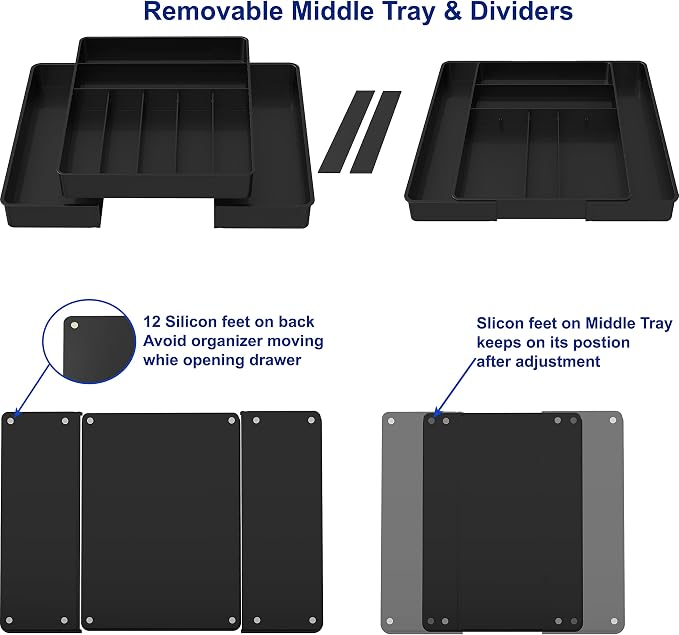Simple Houseware Expandable Kitchen Drawer Flatware Organizer, Black – Adjustable Cutlery Tray with 9 Compartments for Utensils and Silverware