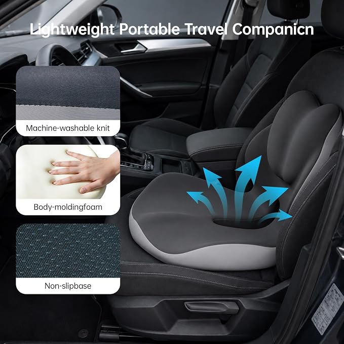 L-Shaped Seat Cushion, Memory Foam Chair Cushion with Raised Lumbar Support, Tailbone Cutout, Non-Slip Washable Cover for Office Chair, Car, Wheelchair, Gaming Chair