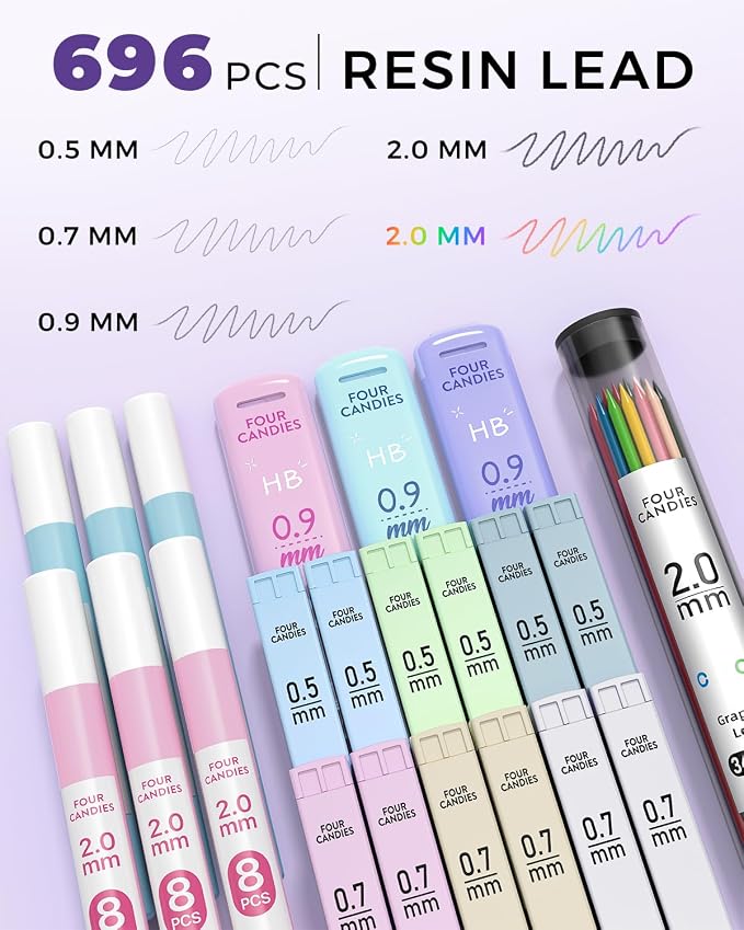Four Candies 42PCS Aesthetic School Supplies, Mechanical Pencils 0.5mm, 0.7mm, 0.9mm & 2.0mm with 696PCS Lead Refills, Cute Mechanical Pencil Set for Writing, Drawing & Drafting (Cream)