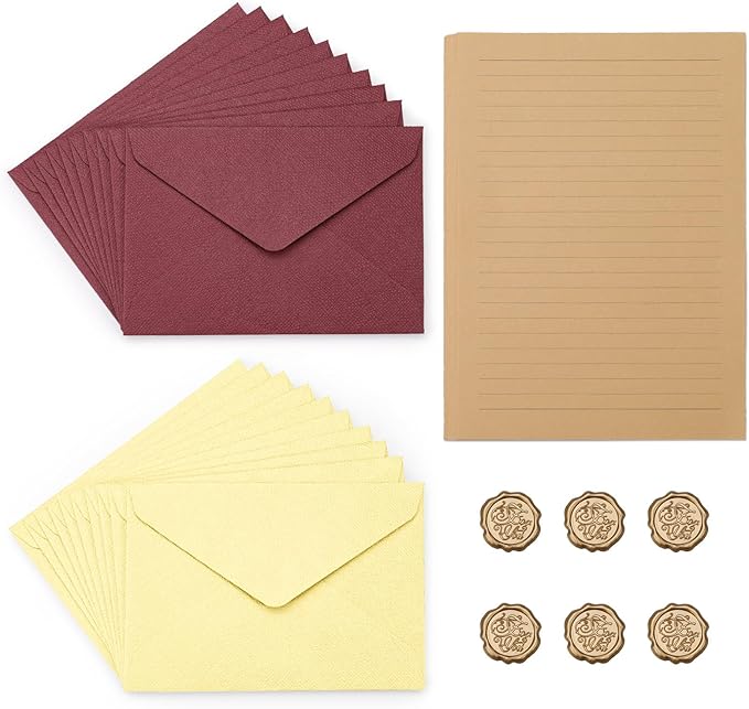 46Pcs Stationary Set and Envelopes (20 Lined Stationery Paper + 20 Linen Texture Vintage Envelope + 6 Wax Seal Stickers) for Letter Writing, 2 Colors Stationary Kit