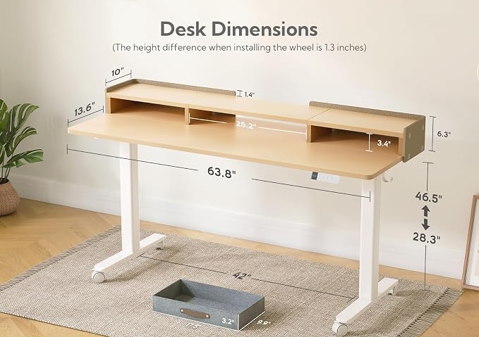 Claiks Standing Desk with Drawers & Wheels, 2 Height Shelf 63" Natural | 2 height adjust shelf, tabletop drawers, felt fence design, sturdy supports 176 lbs, 4 wheels, 2 tire monitor stand