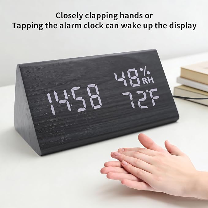 Wooden Digital Alarm Clocks for Bedrooms - Electric Desk Clock with Large Numbers, USB Port, Loud Alarm for Heavy Sleepers, Adjustable Volume, Dimmer, Snooze, DST, Wood Décor, Adapter Powered