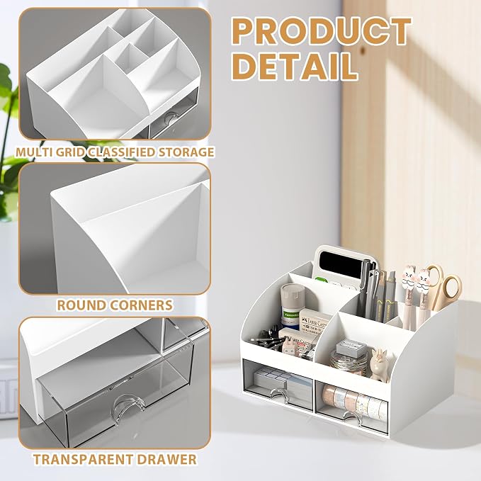 Dfacio Desk Organizer, Desktop Organizers and Accessories with 6 Compartments and 2 Drawers, Aesthetic Desk Accessories for Home, Office, School, White