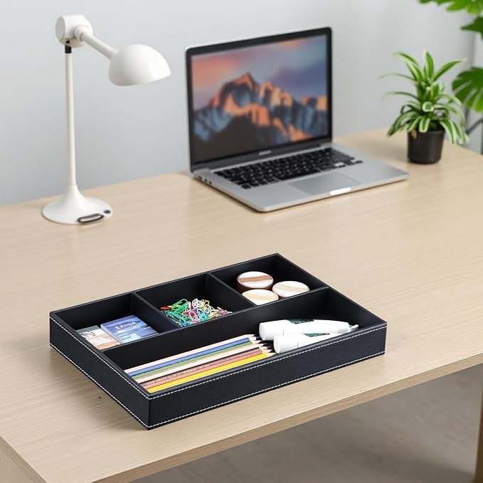 Pu Leather Desk Organizer Tray, 4 Compartment Office Storage Supplies Stationery Drawer Tray, Nightstand Bedside Tray for Key, Wallet, Sunglass, Watch, Coin, Phone Valet Tray Stackable Black