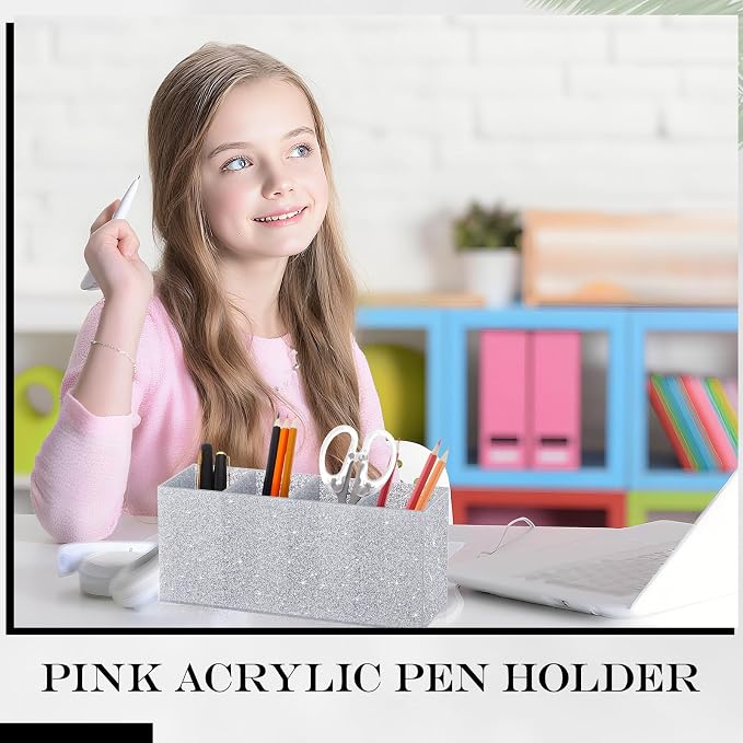 Jetec Acrylic Glitter Pen Holder 4 Compartments Bling Makeup Brush Stationery Organizer Pencil Holder for Desk Accessories Sparkly Gifts for Women Birthday Valentines Desktop Workplace Office(Sliver)