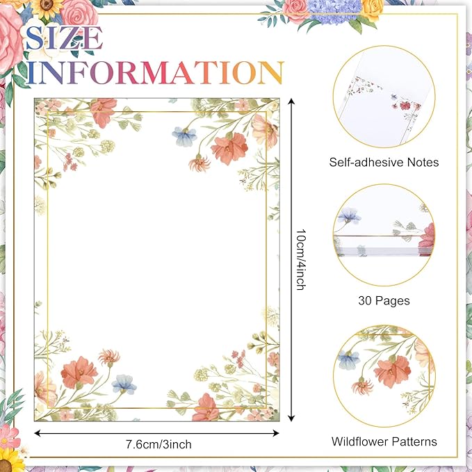 12 Pads Wildflower Sticky Notes Flower Sticky Notes 3 x 4 Inches Colored Adhesive Memo Reminder Decor Vintage Wild Floral Memo Pads Flower Notepads for Journal Office Birthday Gifts