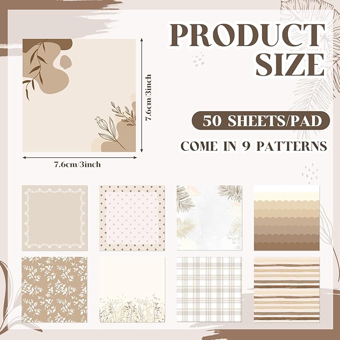 9 Pcs Aesthetic Sticky Notes Cute Pastel Self Stick Notepads Easy to Post Desk Supplies for Home Office Decor School Accessories Women Birthday Coworker Gifts (Brown)