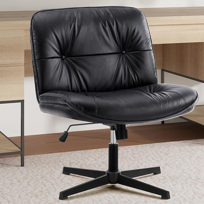 Sweetcrispy Armless-Office Desk Chair Without Wheels, Cross Legged Wide Chair, PU Leather Comfortable Adjustable Swivel Computer Task Chairs for Home,Office,Make Up,Small Space,Bed Room Black