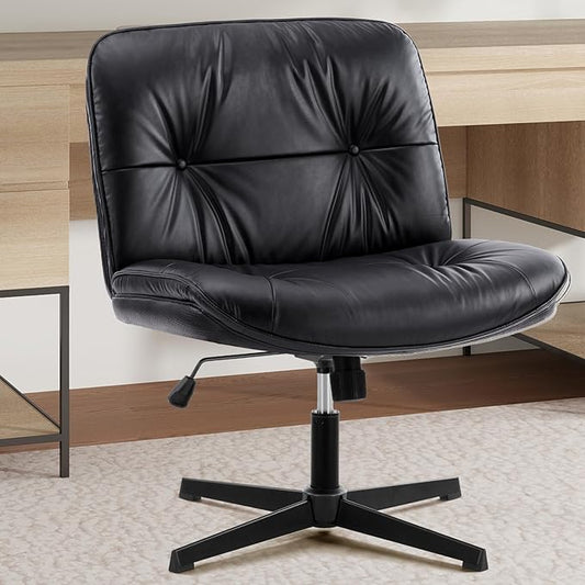 Sweetcrispy Armless-Office Desk Chair Without Wheels, Cross Legged Wide Chair, PU Leather Comfortable Adjustable Swivel Computer Task Chairs for Home,Office,Make Up,Small Space,Bed Room Black