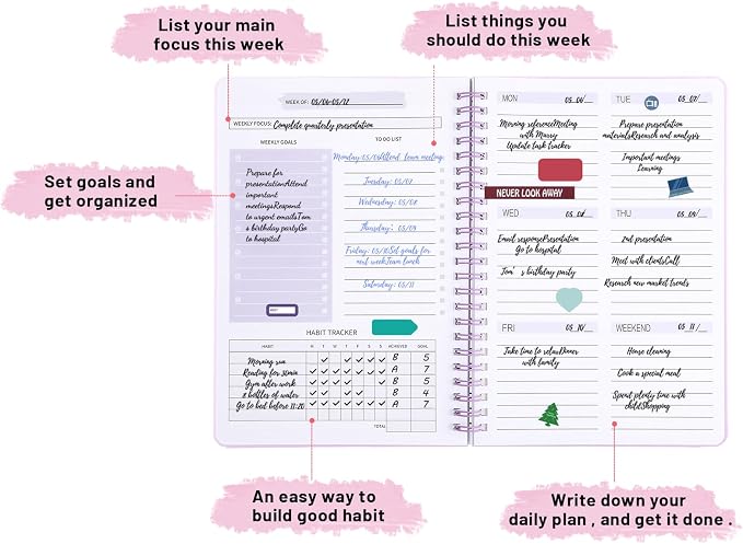 Thboxes Undated Weekly Planner with Habit Tracker, 52 Weeks To Do List Notebook A5 Weekly Goal Planner with Spiral Binding & Stickers Home Work School Supplies for Women Girls 8.2" x 5.7" - Purple