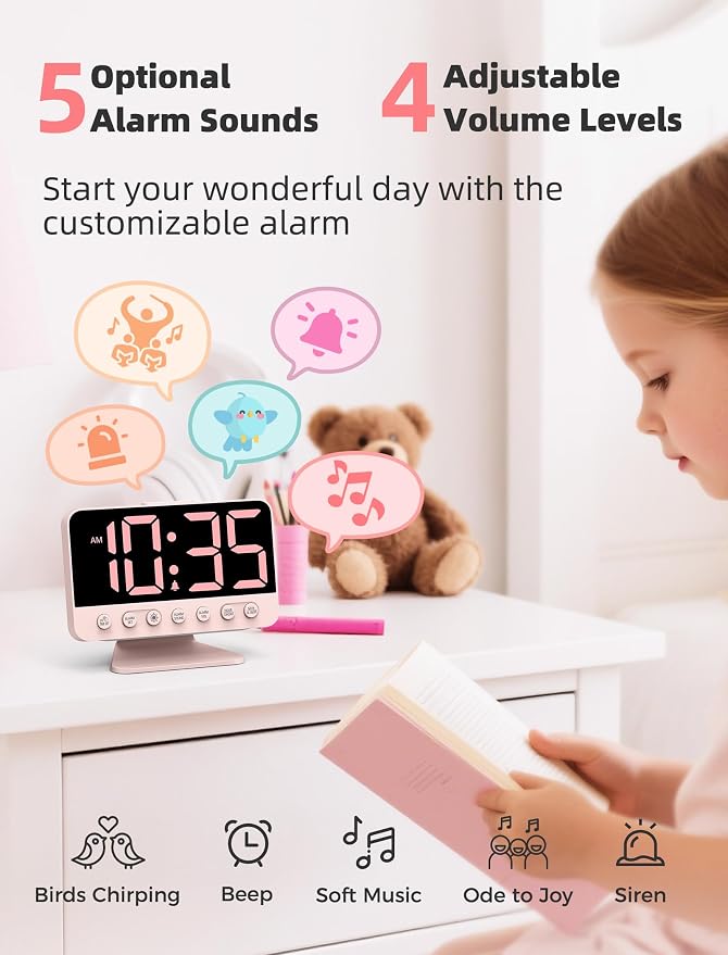 Odokee Digital Alarm Clocks for Bedrooms with Large Bold Number | Pink Alarm Clock with 8 Night Lights & Dimmable Display - Cute Alarm Clock with 5 Sounds for Girls Teens Kids - Sakura Pink