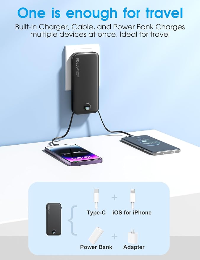 citicr Portable Charger 10000mAh PD20W w/Built-in Cables & Wall Plug Black | Fast charging, Built-in wall plug, LED display, Charge 5 devices at once, Pass through charging, TSA approved, Pocket size