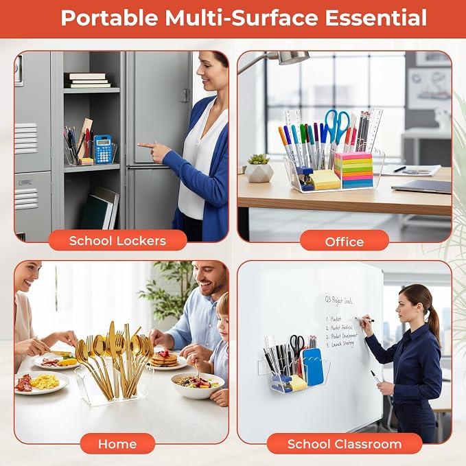 Chivalral Magnetic Side-Mount Acrylic Pen Holder - 2-Compartment Scalloped Organizer with Blackboard Attachment for Office, Classroom & Home Use