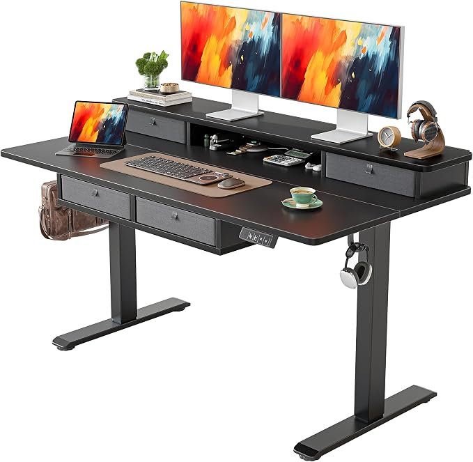 TIQLAB 55 * 28 Inch Standing Desk with Four Drawers, Electric Sit Stand Table, Stand Up Desk Adjustable Height with Storage Shelf, Splice Board, Black