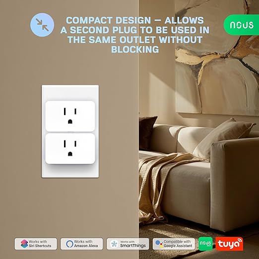 NOUS Wi-Fi Smart Plug 15A, Dual-Band 2.4GHz & 5GHz, Energy Monitoring, Compatible with Alexa, Google Home, Tuya Smart App, Remote Control, Timer, Compact Design, Smart Outlet, 1 Pack