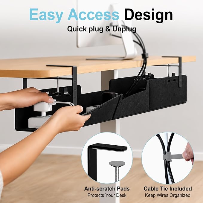 No-Drill Under Standing Desk Cable Management,47.2" L,Black | Upgraded 0.25" Heavy-Duty Felt Cable Organizer,Desk Wire Management Tray with Clamp or Screw Mount,for Home or Office