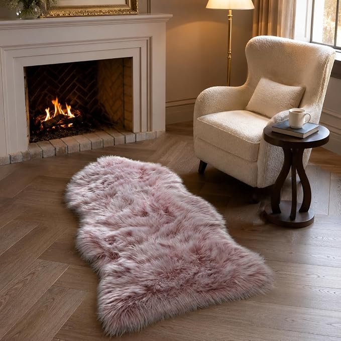 EasyJoy Faux Sheepskin Rug, Fluffy Faux Fur Rug, Ultra Soft Shag Area Rug with Non-Slip Backing for Bedroom, Living Room, Nursery, Kids Room(2 x 4 ft Sheepskin, Frosted Bottom Pink)