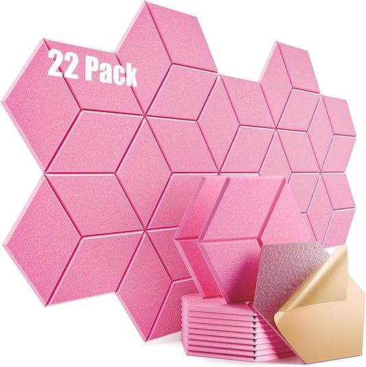 22 Pack Self-Adhesive Acoustic Panels 12" X 10" X 0.4" - Sound Proof Foam Panels with High Density, Y-Lined Design, Flame Resistant, Absorb Noise and Eliminate Echoes(Pink)