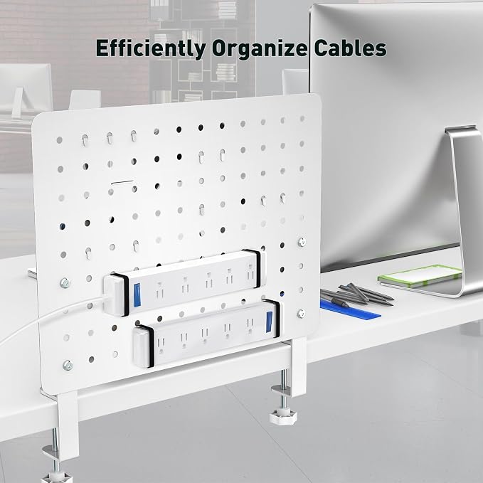 Clamp on Desk Pegboard 16.5"x12.6", White Heavy Duty Steel Desktop Organizer with 4 Magnet Pins, No-Drill Metal Peg Board Mount for Office & Gaming, Horizontal/Vertical