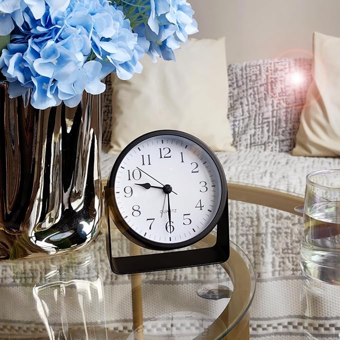 Desk Alarm Clock, Silent Non-Ticking Battery Operated Analog, Black | On-Demand Night Soft Light, 360° Rotatable, Metal Frame, for Bedroom Bedside, Shelf, Mantel, Office Desk, Travel