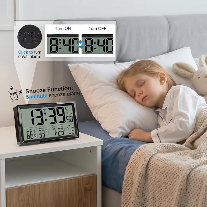 QPEUIM Atomic Clock with Indoor Temp & Humidity,Atomic Wall Clock 8.78 Inch Self-Setting, Digital Clock Large Display with Auto DST & 4 Time Zones for Home Office Bedroom