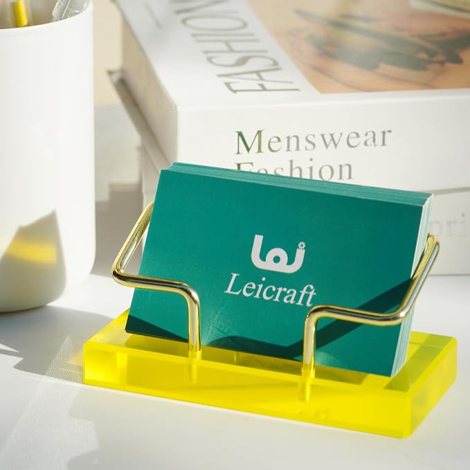 Business Card Holder for Desk, Modern Card Organizers and Office Desk Accessories for Men and Women (Yellow & Golden)
