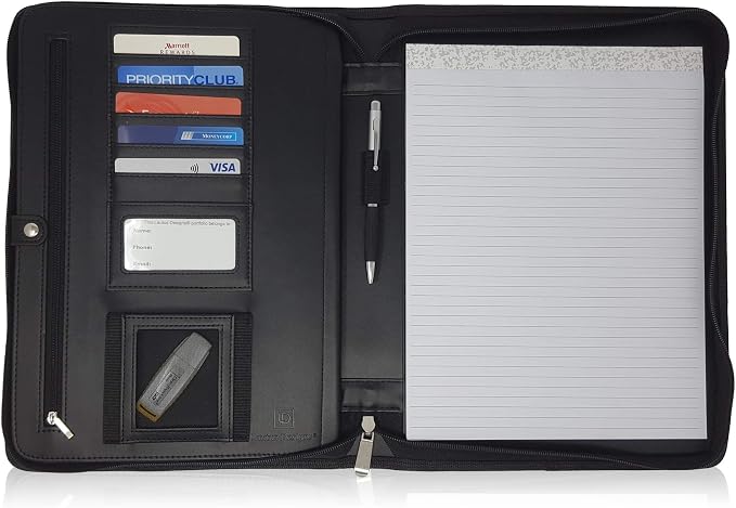 Matt Black Zippered Portfolio Binder - PU Leather Business Portfolio Organizer - Padfolio for Men & Women with US Letter Notepad, 10.5 Inch Tablet Pocket & Gift Box by Lautus Designs