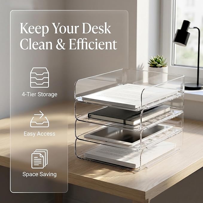 DCA 4 Tier Clear Desk Organizer, Stackable Paper Tray, Desktop File Sorter | Letter & A4 Compatible | Space-saving | Office, Home & School