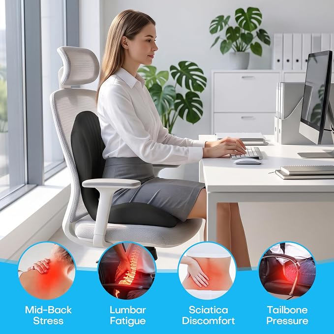 Ergonomic Seat Cushion for Tailbone Sciatica Lower Back Pain Relief, L-Shaped Seashell Memory Foam Coccyx Hollow Cushion, 2-in-1 Lumbar Back Support Pillow for Office Gaming Car Chair Black