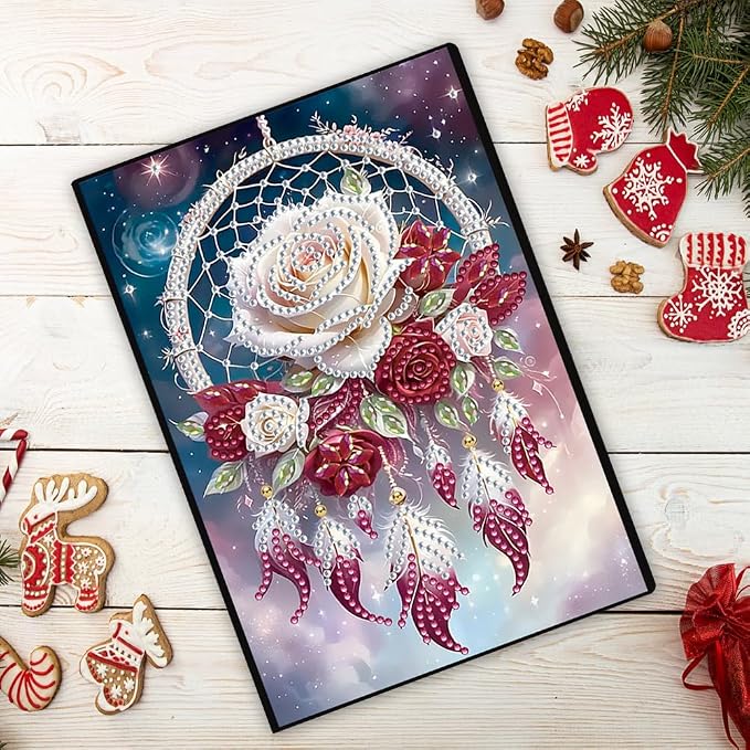 FRANDEK A5 50-Page DIY Diamond Art Painting Notebook with Beautiful Patterns, Special Shaped Diamond Art Craft for Beginners Adults Gift(Rose Dream Catcher)