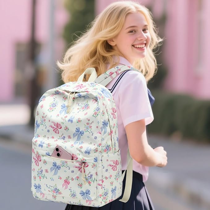 Bluboon Teen Girls School Backpack Kids Bookbag Set with Lunch Box Pencil Case Travel Laptop Backpack Casual Daypacks (Pink Blue Bow - White)