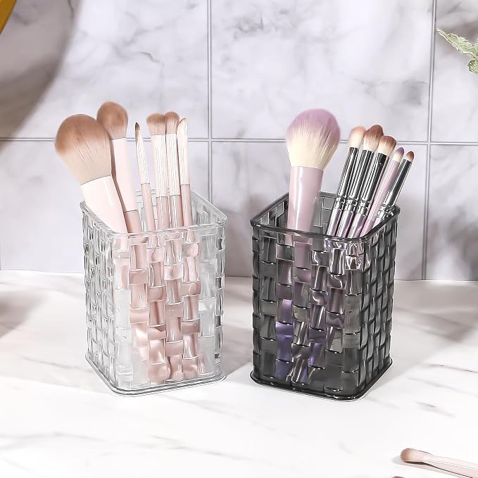 DASITON Makeup Brush Holder Organizer, Acrylic Makeup Brushes Storage Cup, Woven Texture Make Up Brush Holder for Vanity Bathroom Office, Pen Holder for Desk, Cosmetic Display Cases (Grey S)