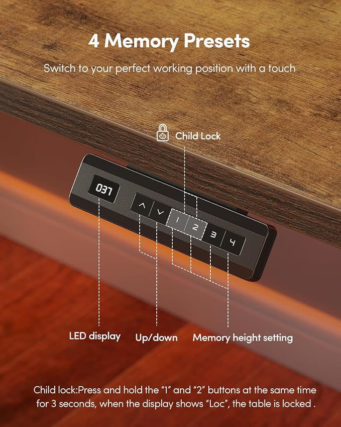 CubiCubi 55 x 24 Large One-Piece Standing Desk, Adjustable Height Electric Computer Home Office Sit Stand up Workstation, with 4 Memory Presets, Headphone Hook, Rustic Brown