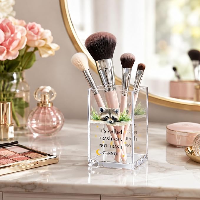 Acrylic Pen Holder Cup Funny Inspirational Desk Decor, Cute Raccoon Pencil Holder Organizer, Coworker Gift for Women Men, Office Accessories